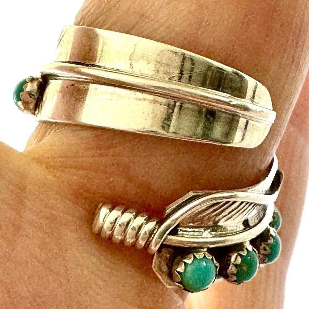 Navajo Turquoise Wrap Ring Feather‎ Sz 6 Adjustable Bypass Sterling Signed AD
